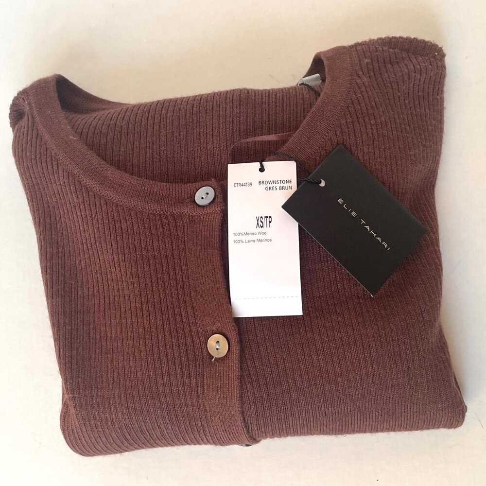 Elie Tahari Merino Wool Cardigan Womens XS Brown Lightweight Ribbed Sweater - Picture 6 of 8